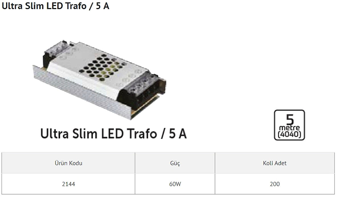 İNOLED SÜPER SLİM 12V 5A LED TRAFOSU 60W (5 MT)