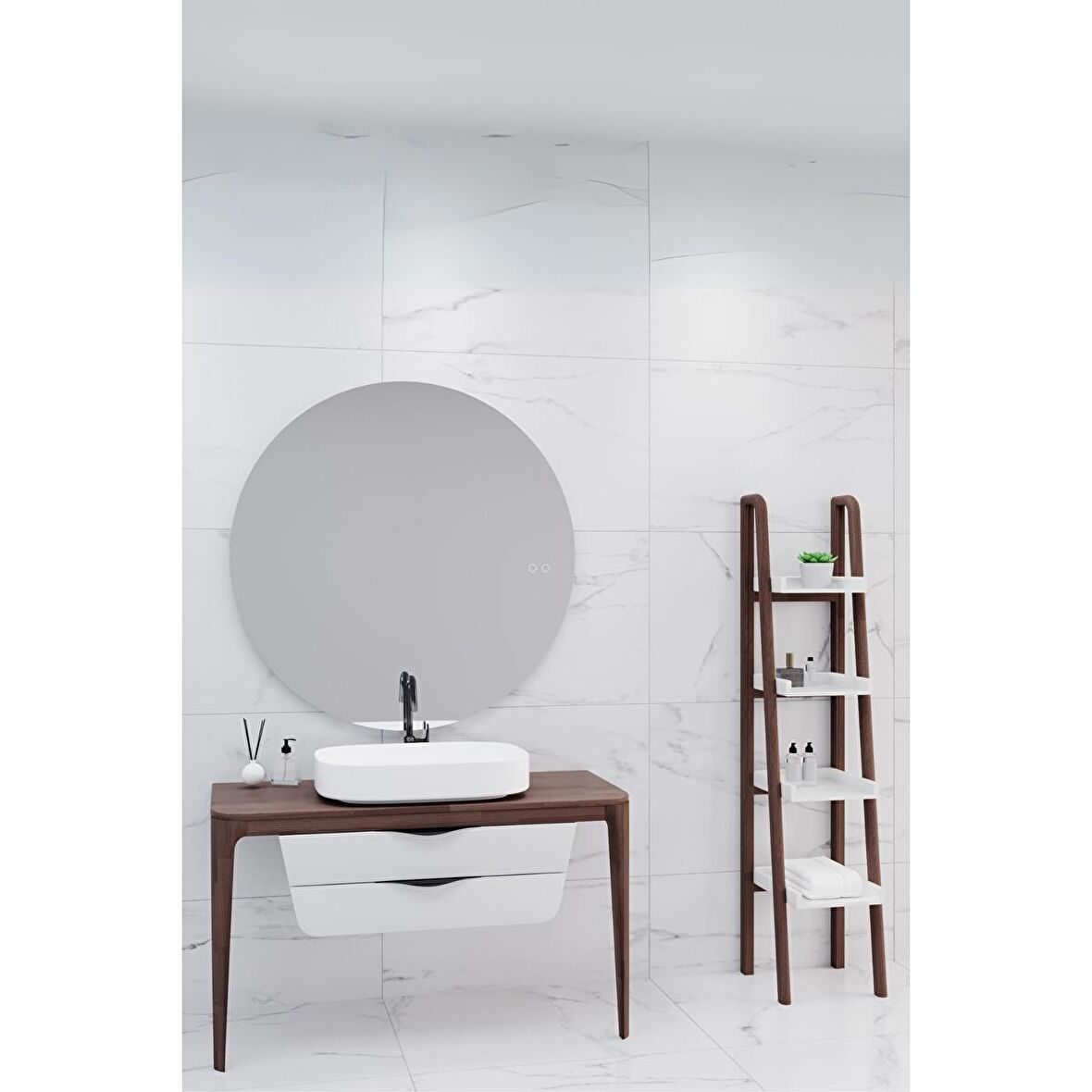 BREZZA 130 CM MASİF TEZGAH BEYAZ LAVABOLU BANYO DOLABI - RAF MODÜL DAHİL