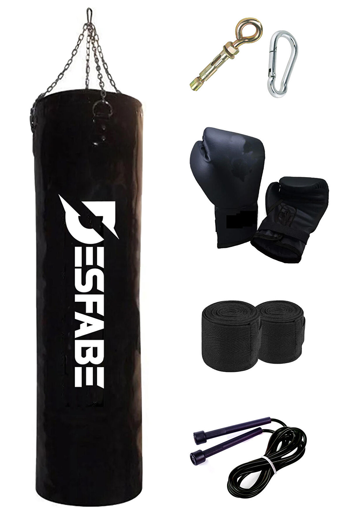 Desfabe Boxing Star 120x32Cm Zincirli Boks Kum Torbası Siyah+Aparat+Boks Eldiveni+Bandaj+Atlama İpi