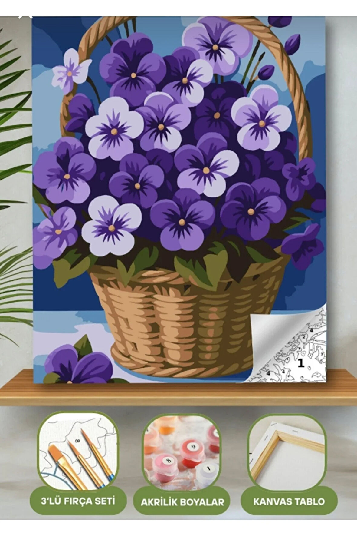 Sayılarla Boyama Seti 40x50 Cm (Çıtalı) Fırça Boya Dahil Numaralı Tuval Sepet Mor Çiçekler