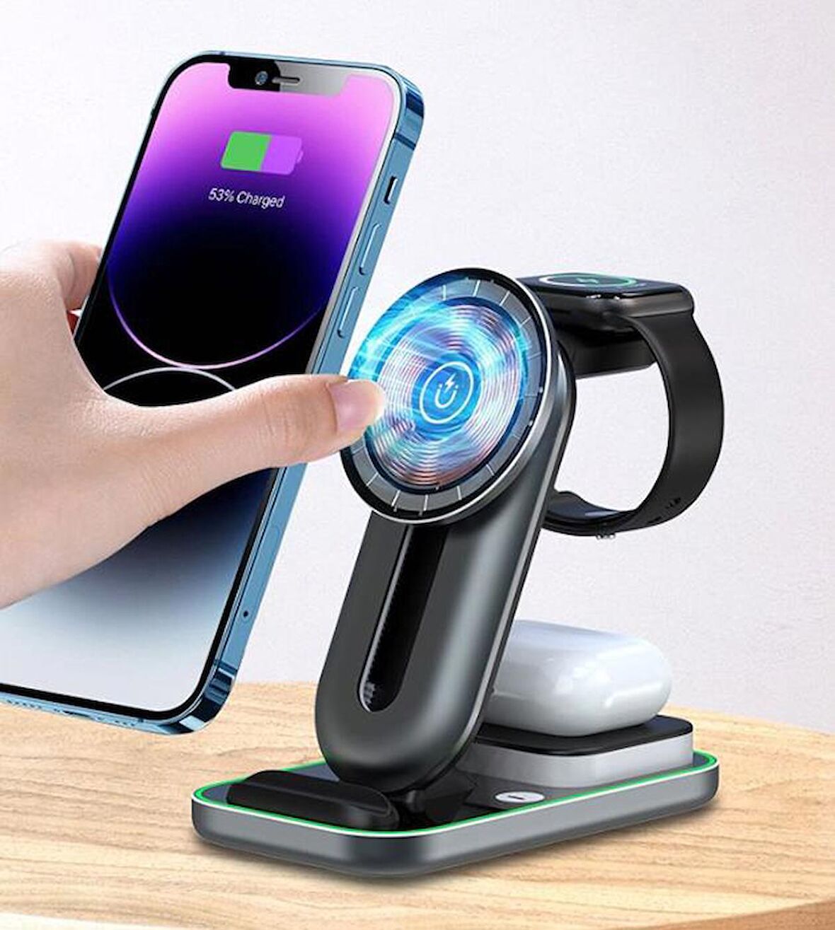Coofbe 3 Mod Led Işıklı 15W 4İN1 Masaüstü Şarj Standı Apple Watch Şarj İphone 12 13 14 Pro Max Şarj