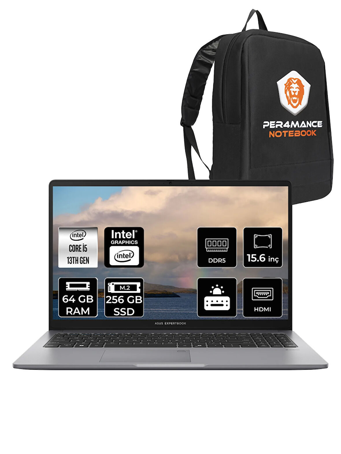 Asus ExpertBook P1 Intel Core i5 13420H 64GB 256GB SSD 15.6" FHD FDOS Taşınabilir Bilgisayar & PER4 Çanta