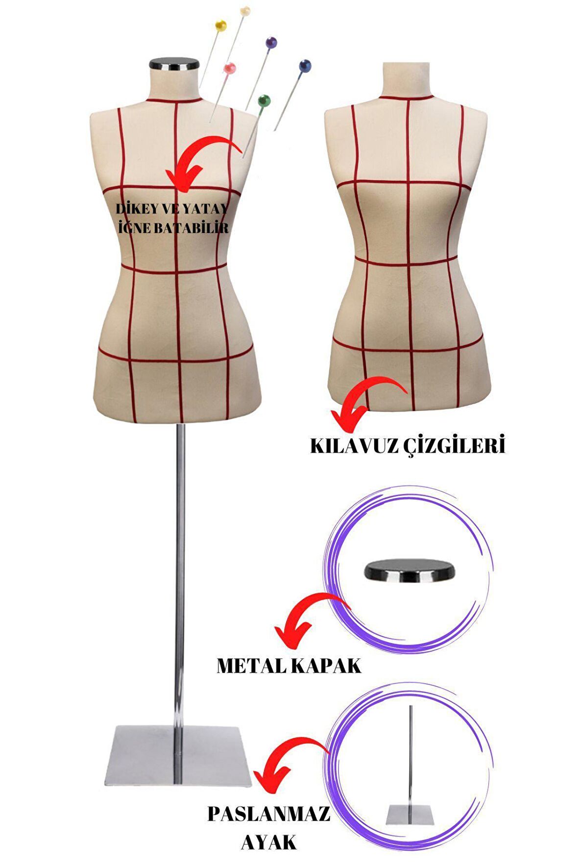 Kılavuz Çizgili 36 Beden Sünger Iğne Batabilen Keten Kumaş Terzi Mankeni Prova Mankeni