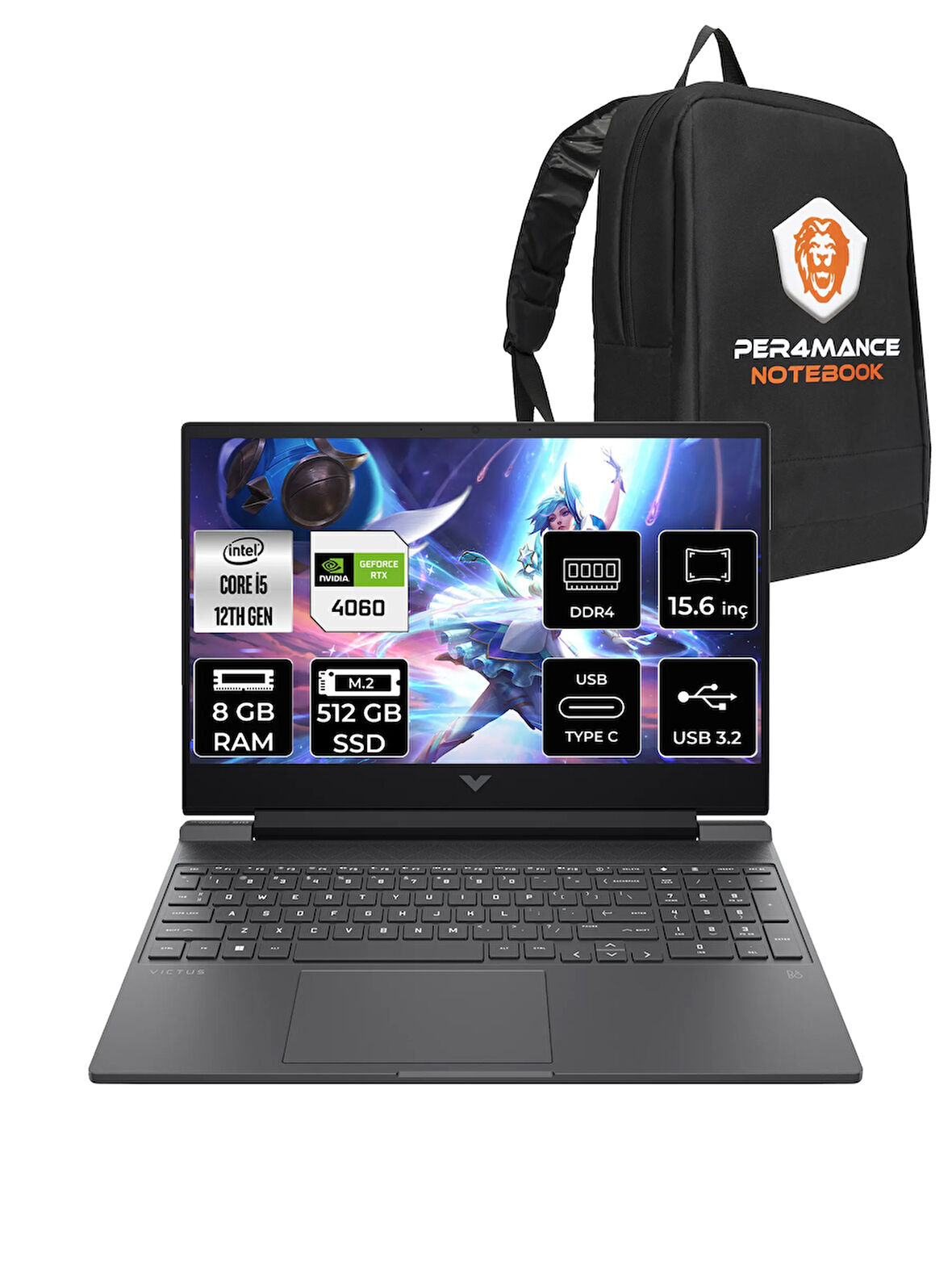 HP Victus 15 i5 12500H 8GB 512GB SSD RTX4060/8GB 144Hz 15.6'' FHD FDOS Gaming Laptop & PER4 ÇANTA