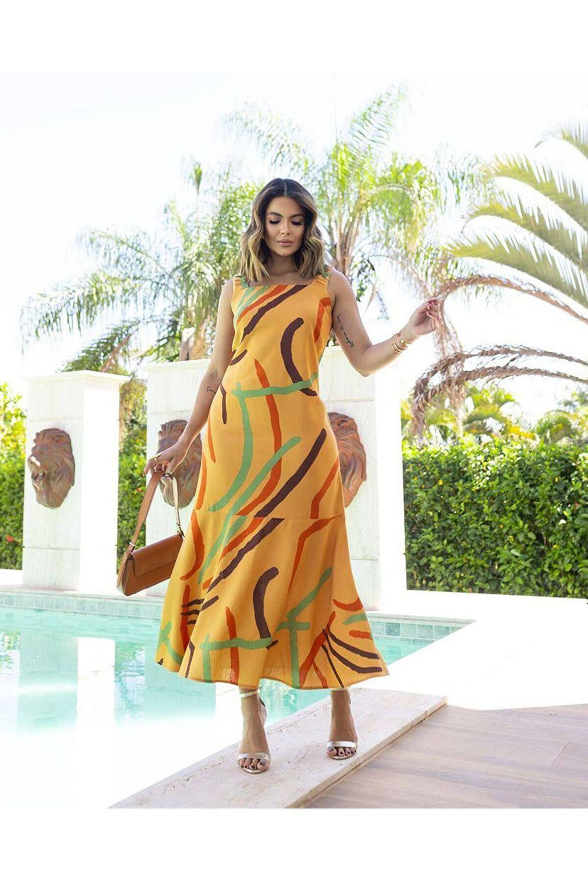 İthal atlas kumaş içi astarlı dijital baskı elbise