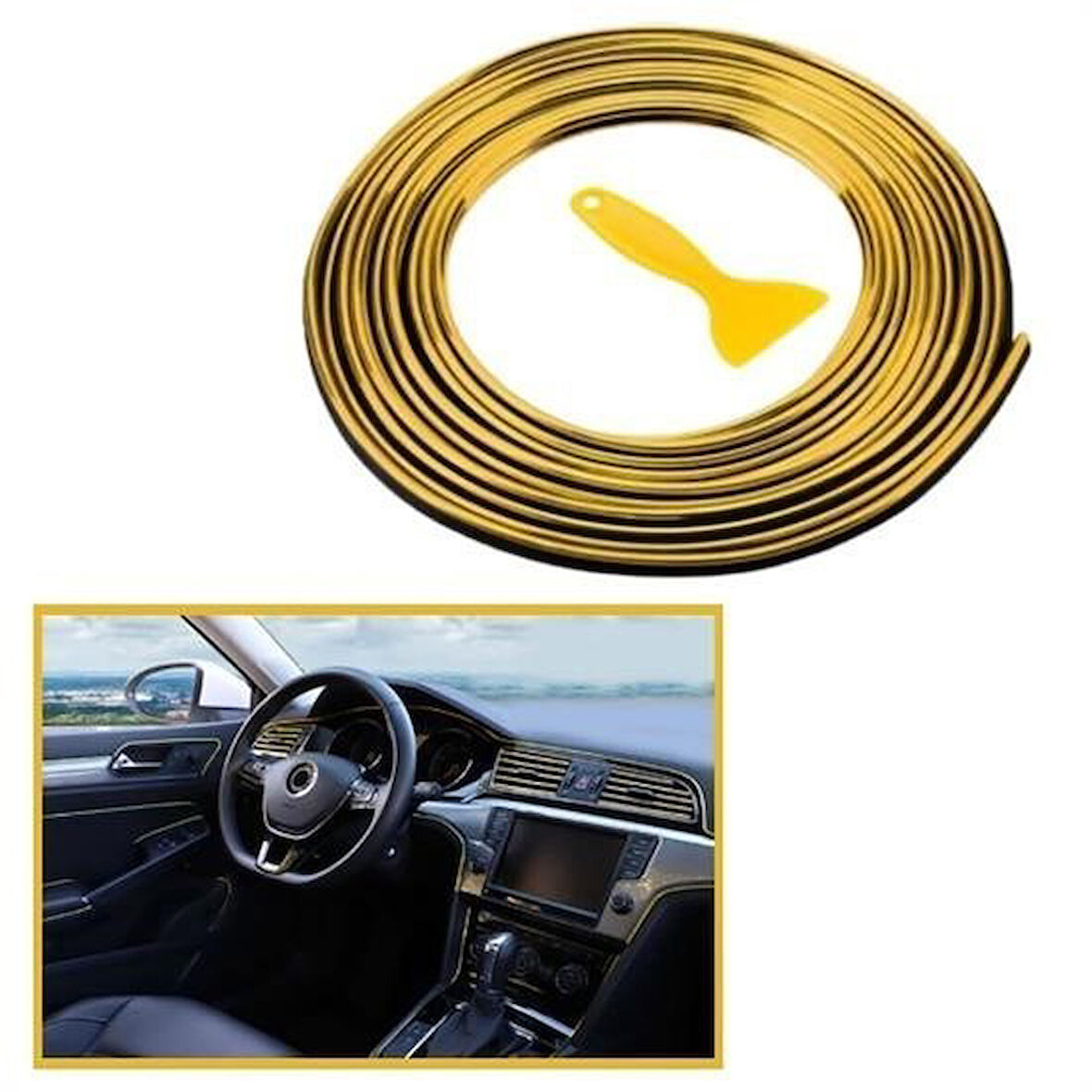 CT-STONES® Gold Araba Oto Trim Dekorasyon Şeridi Kauçuk Elastik Kolay Kurulum 5 metre Şerit Bant