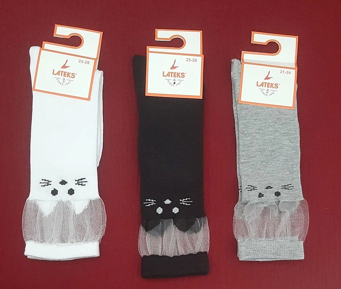 Kız Çocuk Dizaltı Kedi Desenli Okul Çorabı 21-24 Ayak Numarası 3'lü Paket  
