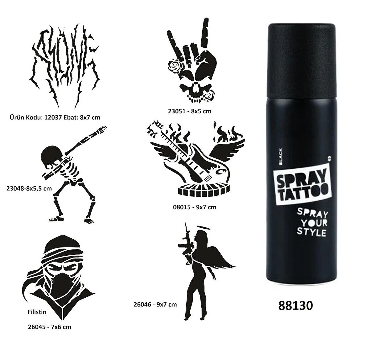Rock ve Müzik Sembolleri Spray Tattoo Geçici Dövme Yapma Seti Dark Siyah 