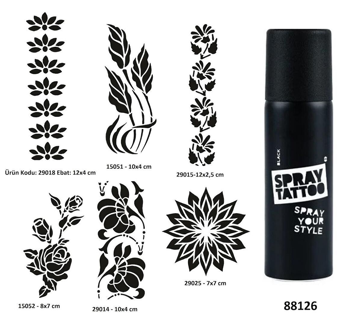 Çiçek Desenleri Spray Tattoo Geçici Dövme Yapma Seti Dark Siyah 
