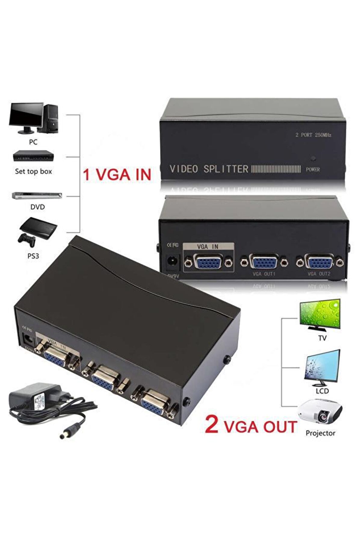 2 Port Vga Çoklayıcı Splitter 1 in 2 Out Çoklu Ekran Adaptörlü