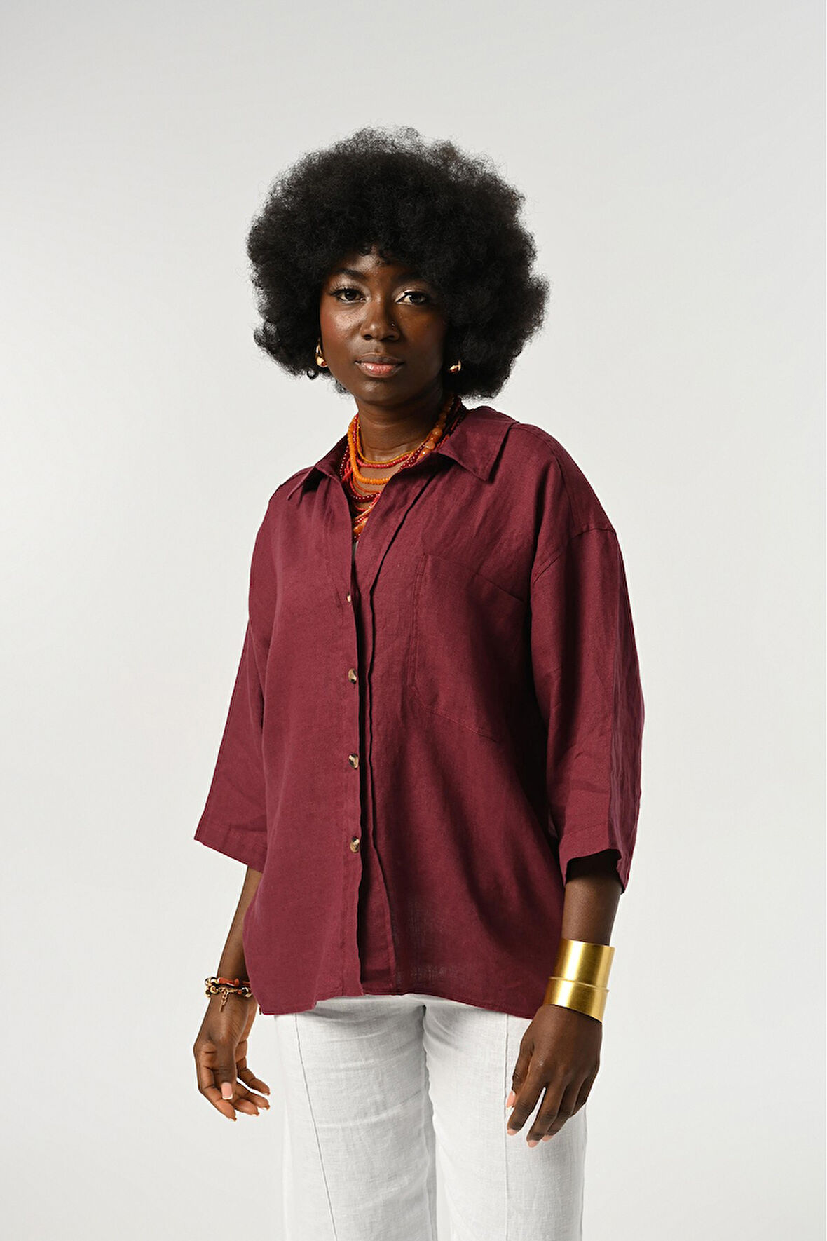 KADIN %100 KETEN TRUVAKAR KOLLU DÜZ RENK TEK CEPLİ GÖMLEK