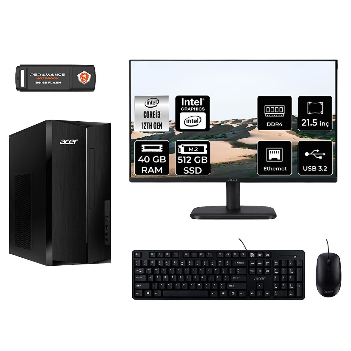 ACER ASPİRE TC1760 MDT004D037 i3 12100 40GB RAM 512GB SSD 21.5" FDOS MASAÜSTÜ PC