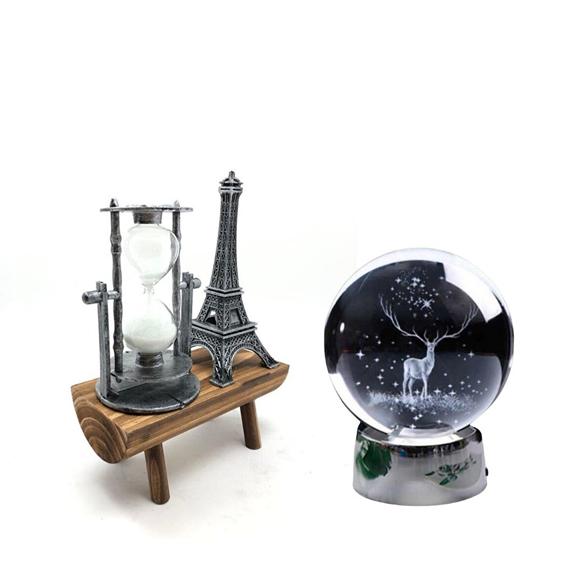 Kişiye Özel Eyfel Kulesi Paris Ahşap Kum Saati ve Kristal Küre Geyik Led Gece Lambası 5 Renk Hediye Seti