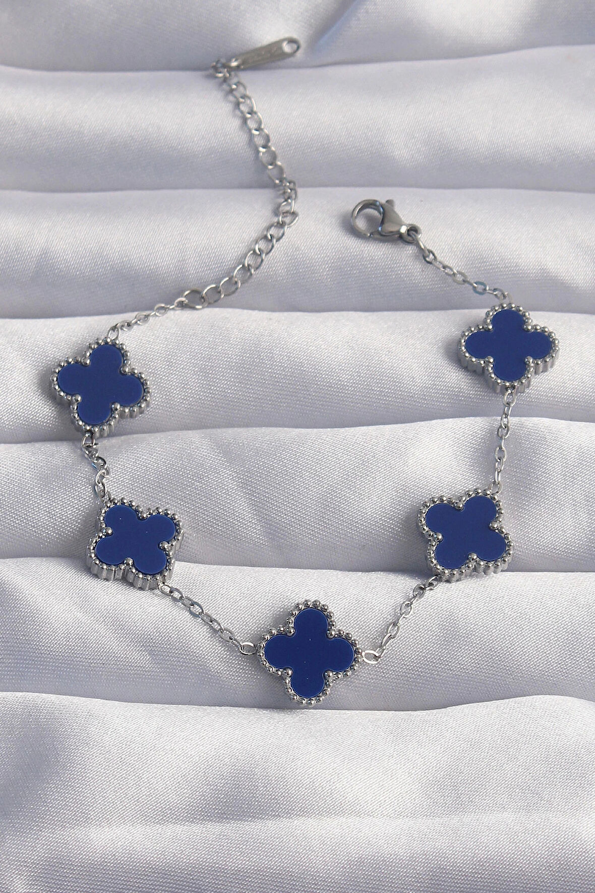 HEYF 316L Çelik Gümüş Renk Mavi Mineli Yonca Bileklik