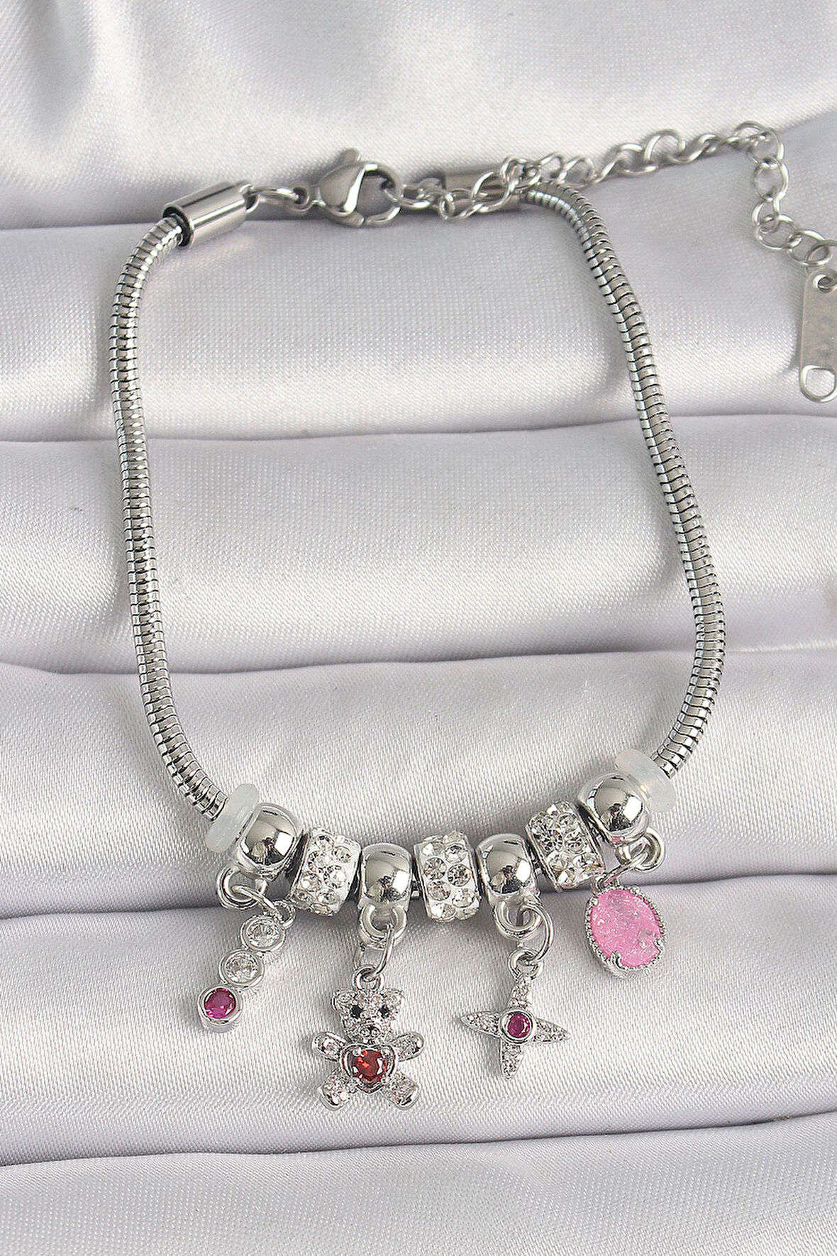 HEYF 316L Çelik Gümüş Renk Zincir Sallantı Zirkon Taşlı Ayıcık Figür Yıldız Detay Kadın Bileklik