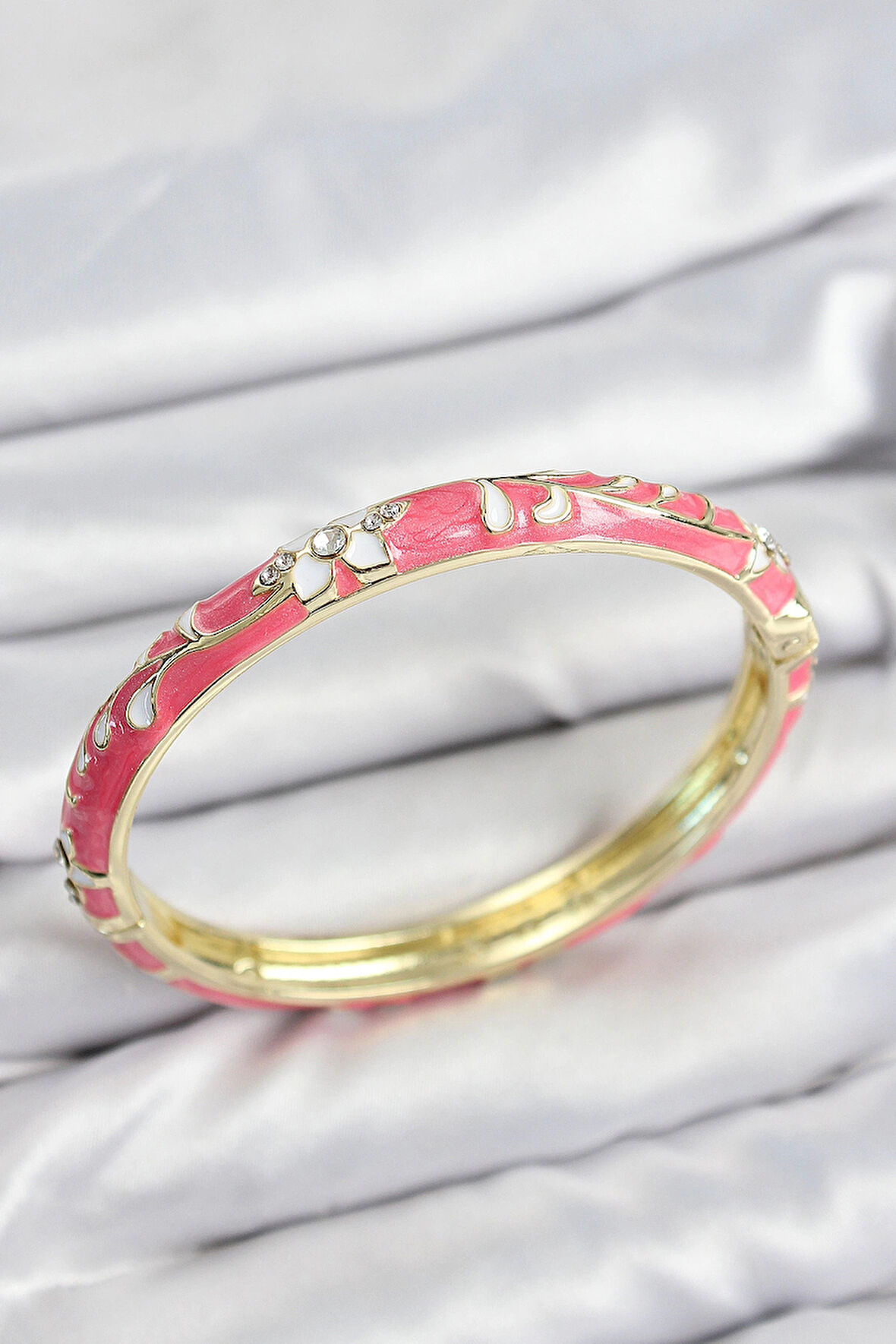 HEYF Mineli Pirinç Zirkon Taşlı Pembe Çiçek Motifli Gold Kadın Kelepçe