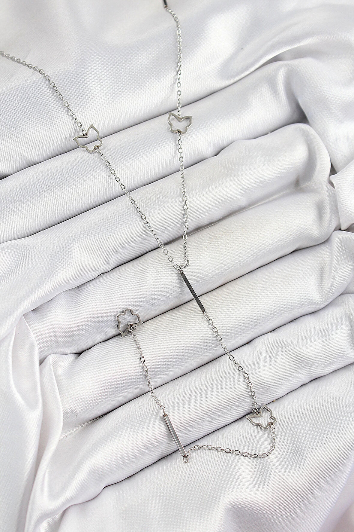 HEYF 316L Çelik Kelebek Figürlü Y Model Gümüş Renk Kadın Kolye