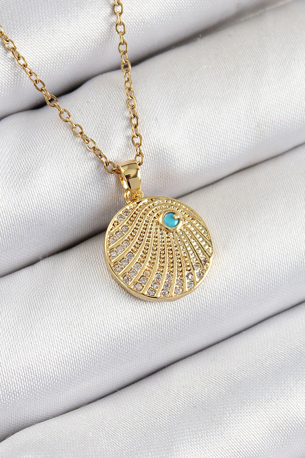 HEYF 316L Çelik Zirkon Taşlı Madalyon Model Gold Renk Kadın Kolye