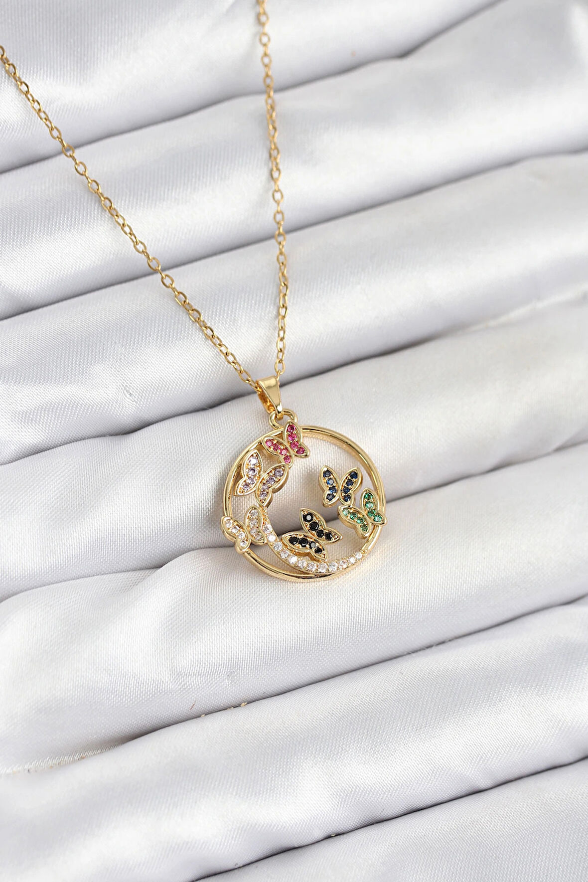 HEYF 316L Çelik Zincir Gold Renk Zirkon Taşlı Kelebekli Kadın Kolye