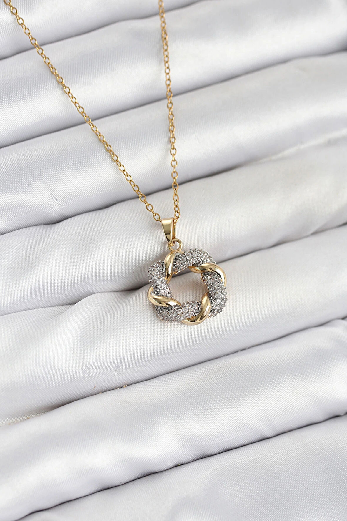 HEYF 316L Çelik Zincir Gold Renk Zirkon Taşlı Sarmal Model Kadın Kolye