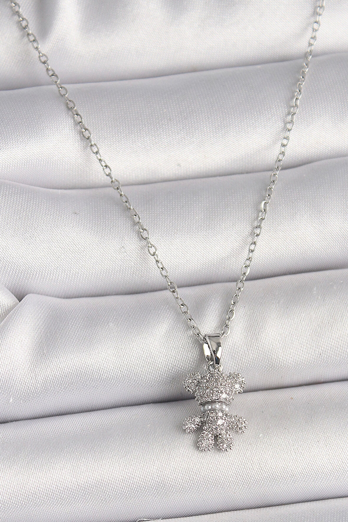 HEYF 316L Çelik Gümüş Renk Zincir Zirkon Taşlı Ayıcık Figür Kadın Kolye