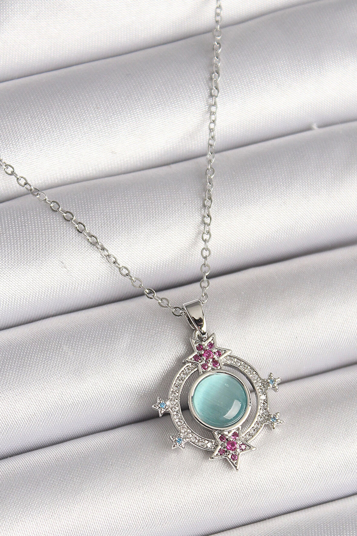 HEYF 316L Çelik Gümüş Renk Zincir Zirkon Taşlı Yıldız Detay Yeşil Sedefli Kadın Kolye