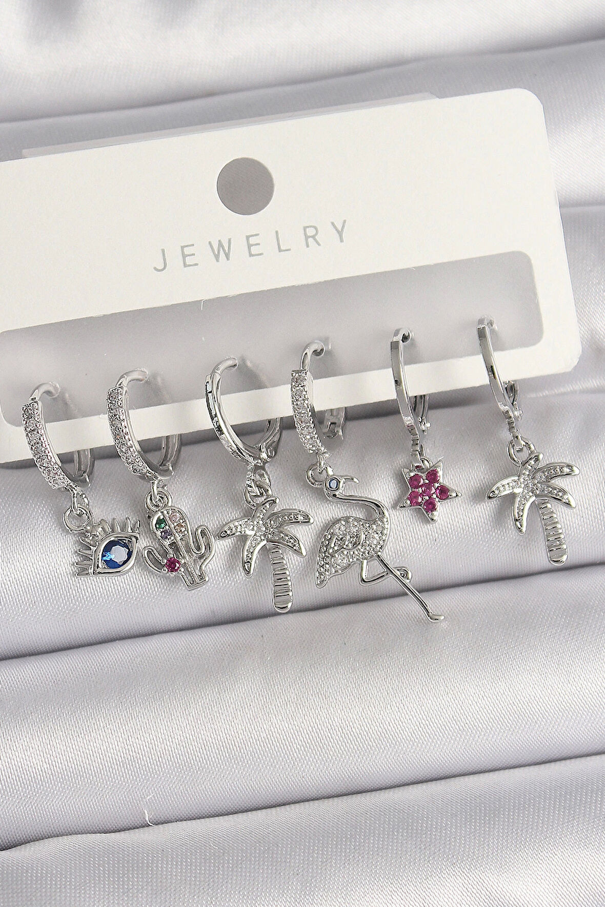 HEYF Pirinç Gümüş Renk Sallantı Zirkon Taşlı Deve Kuşu Figür Çoklu Kadın Küpe Seti