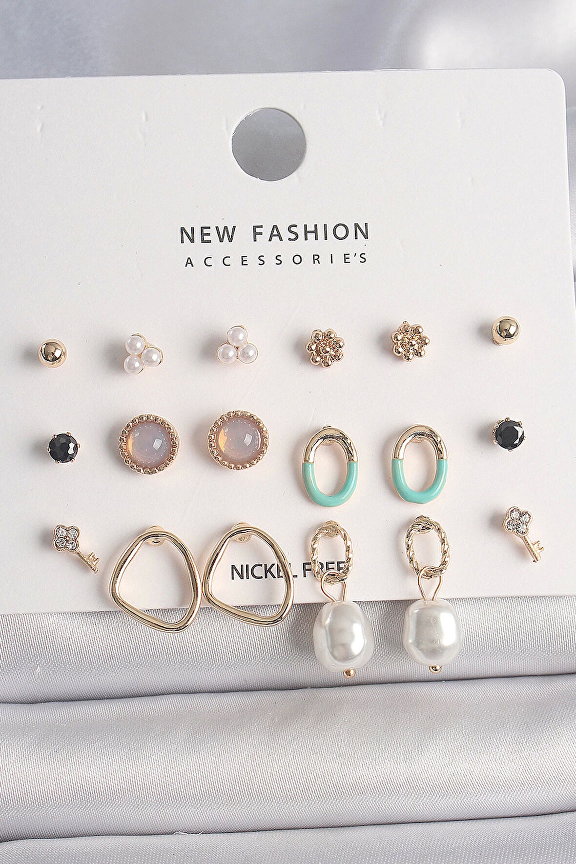 HEYF Pirinç Gold Renk İncili Halka Model 9 Çift Kadın Küpe Seti