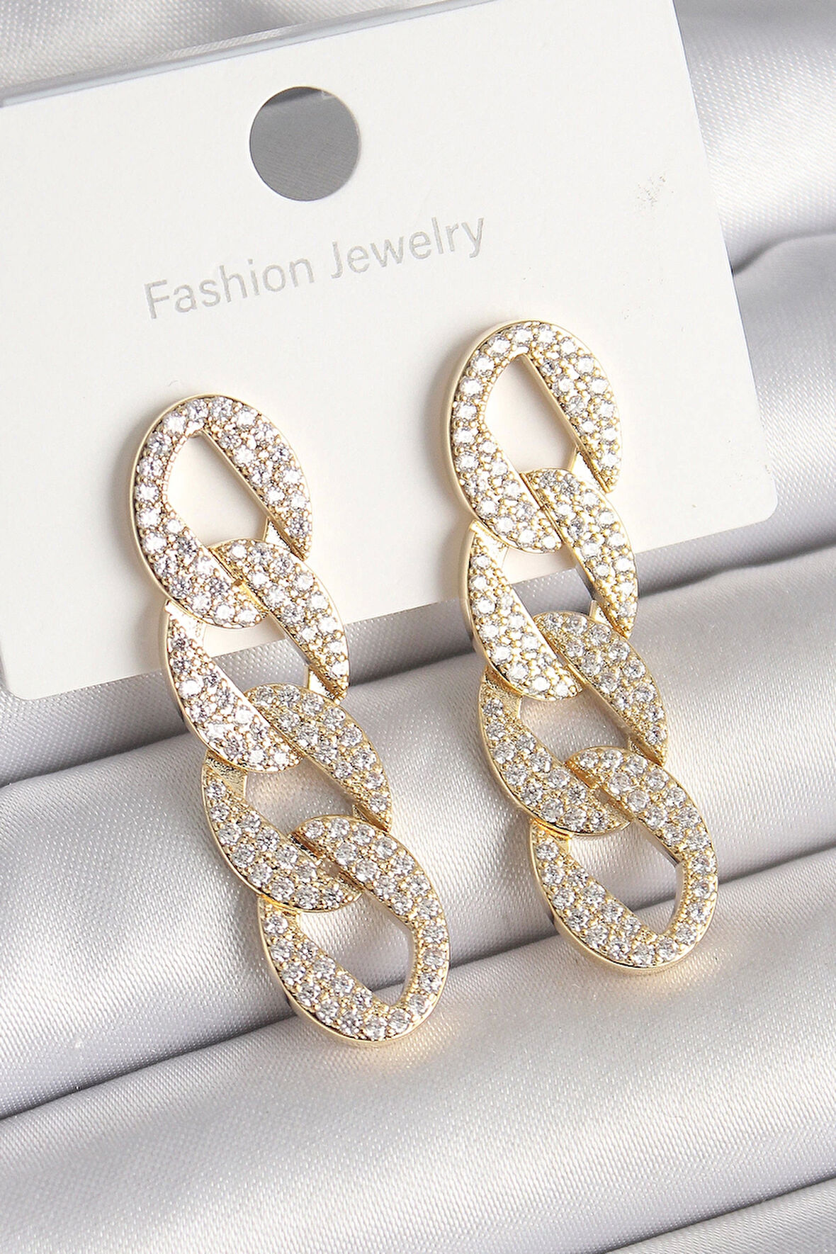 HEYF Pirinç Gold Renk Zirkon Taşlı Zincir Model Kadın Küpe