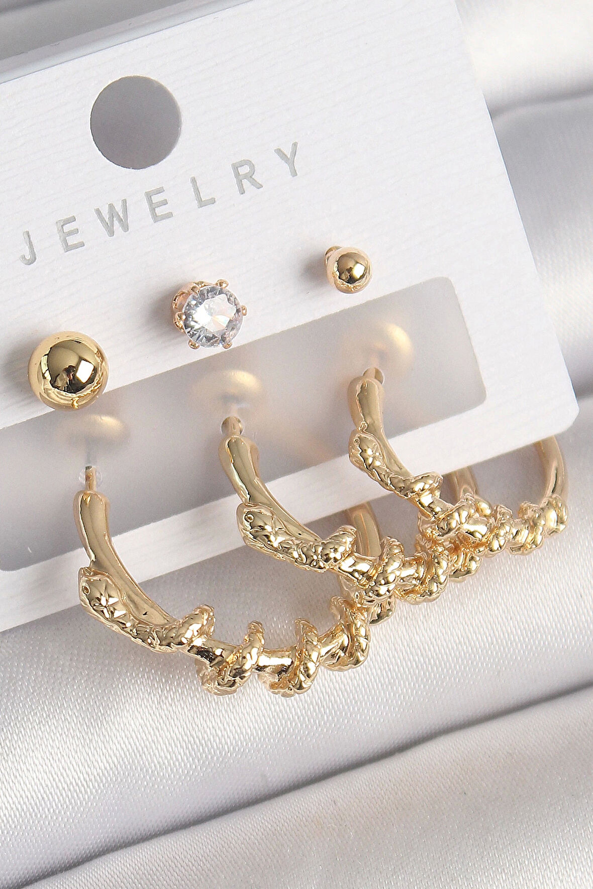 HEYF Pirinç Gold Renk Sarmal Yılan Halka Model Zirkon Taşlı Topçuk Detay Kadın Küpe Seti