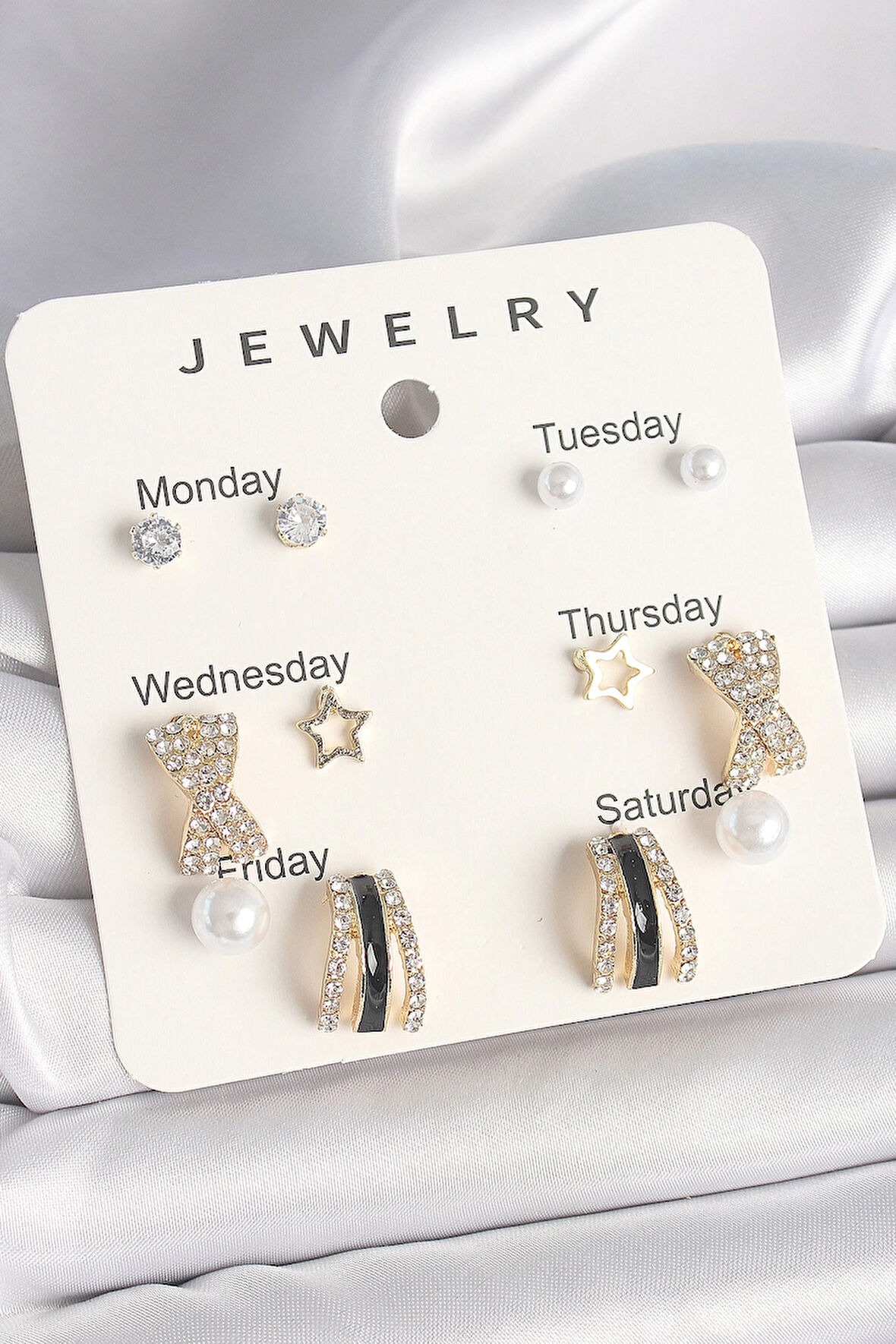 HEYF Pirinç Gold Renk Zirkon Taş Yıldız Detaylı İncili 7'Li Set Kadın Küpe Seti