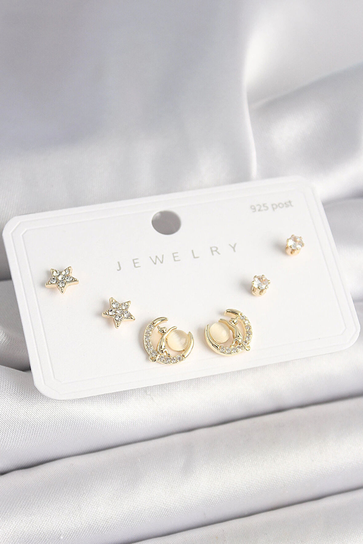 HEYF 925 Ayar Gümüş Çivi Zirkon Taşlı Hilal Yıldız Model Kadın Küpe Seti