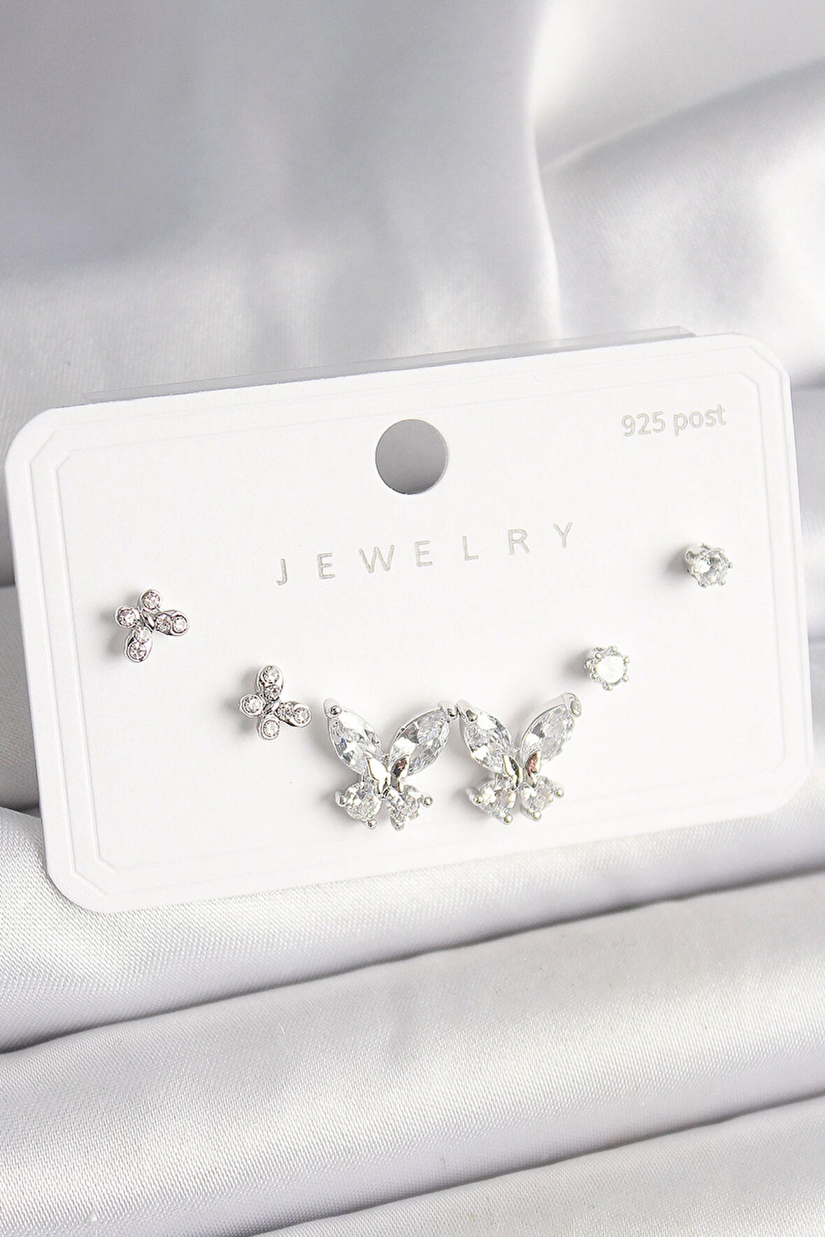 HEYF 925 Ayar Gümüş Çivi Pirinç Zirkon Taşlı Kelebek Model Kadın Küpe Seti