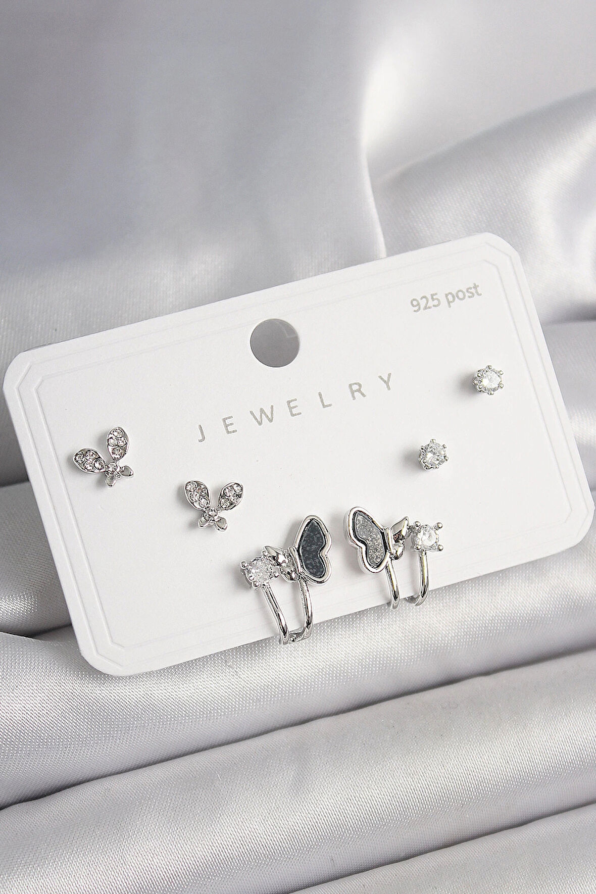 HEYF 925 Ayar Gümüş Çivi Pirinç Gümüş Renk Zirkon Taşlı Kelebek Model Kadın Küpe Seti