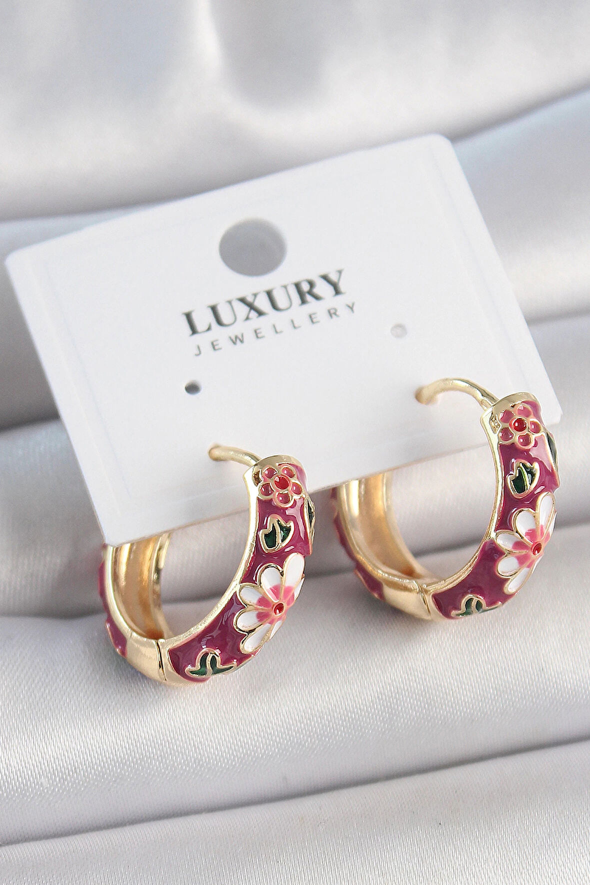 HEYF Pirinç Gold Renk Halka Mor Çiçek Mineli Kadın Küpe