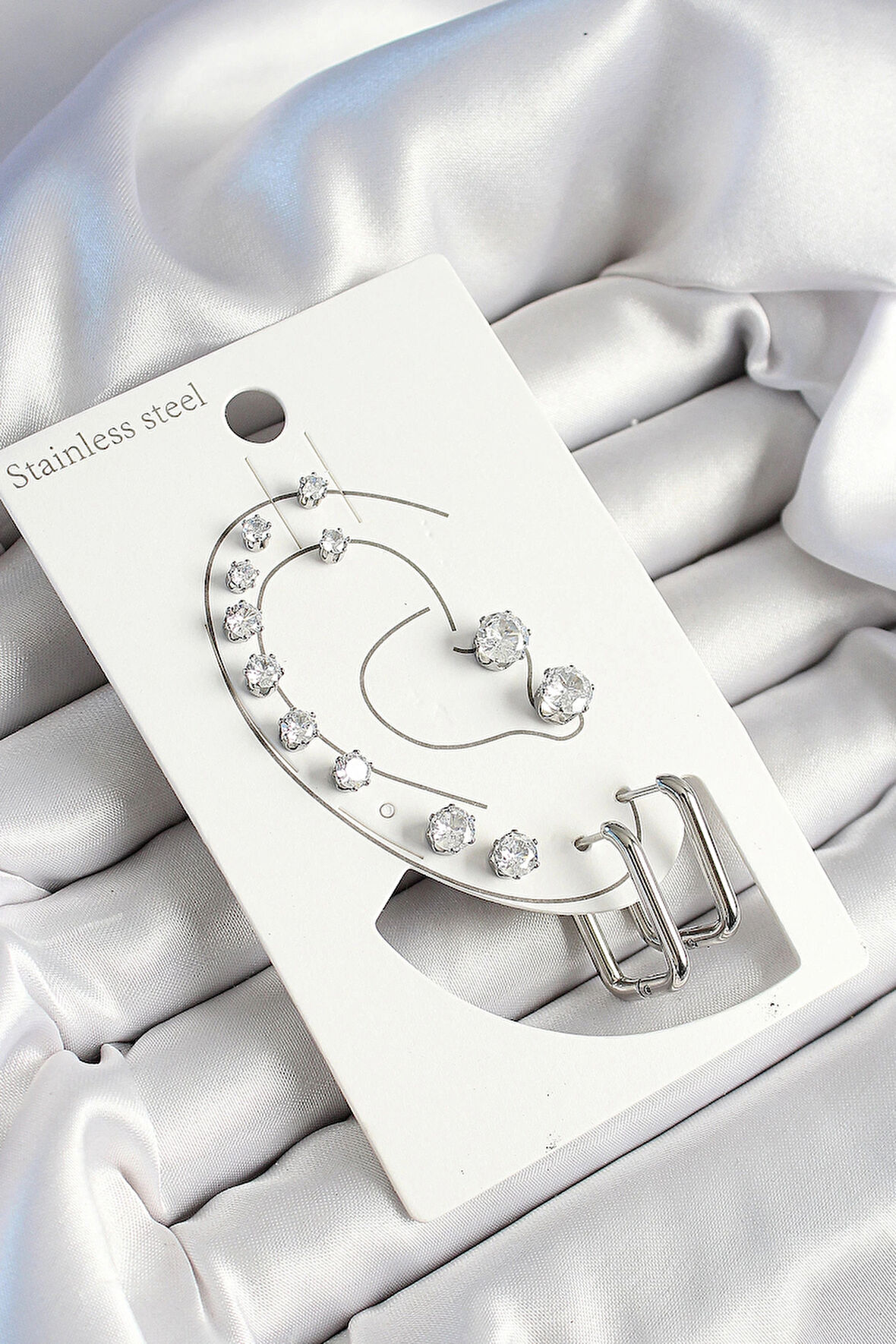 HEYF 316L Çelik Dikdörtgen Figürlü Ve Zirkon Taşlı Gümüş Renk 7'li Çift Kadın Küpe Set