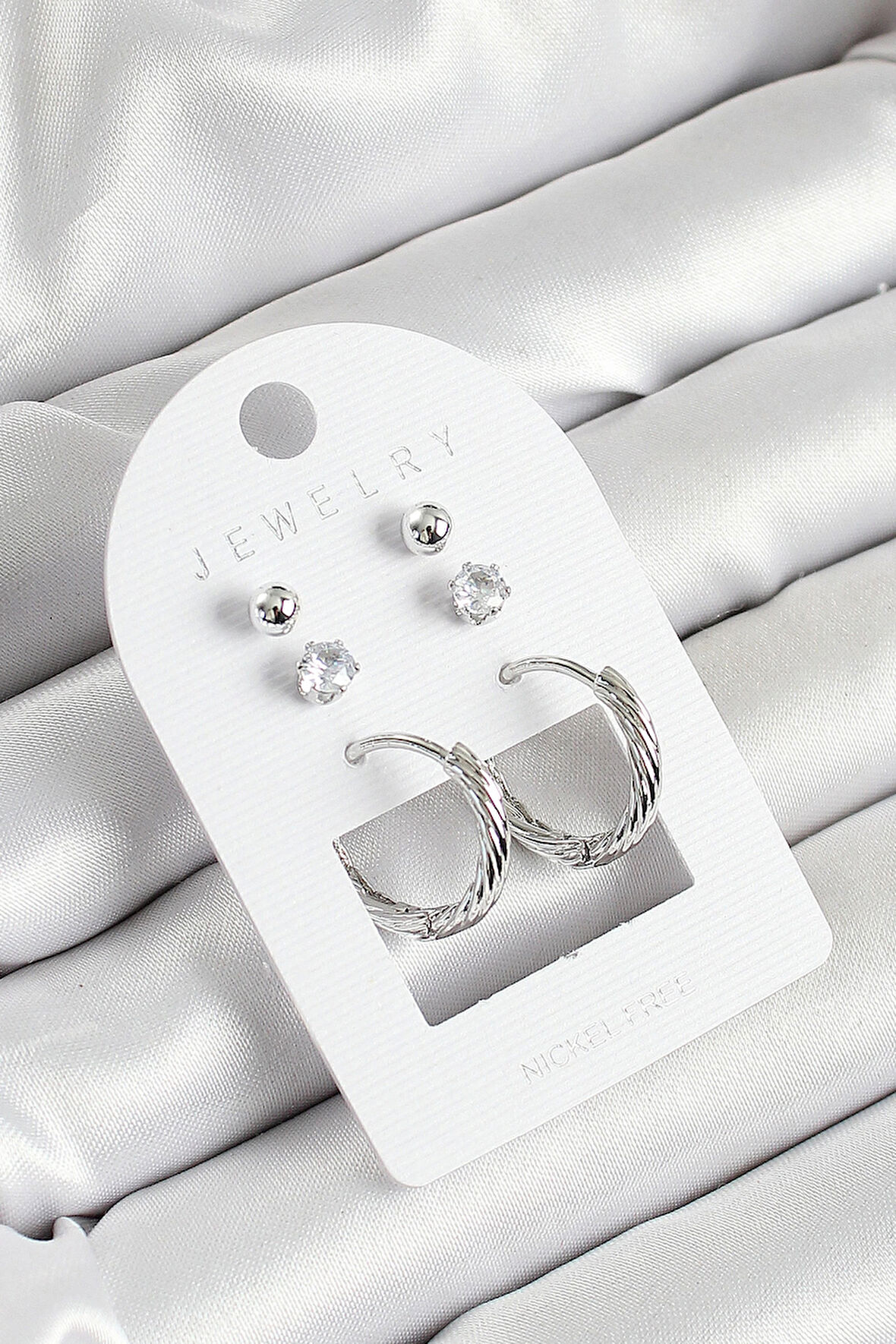 HEYF Pirinç Zirkon Taş Ve Halka Figürlü Gümüş Renk 3'lü Çift Kadın Küpe Set