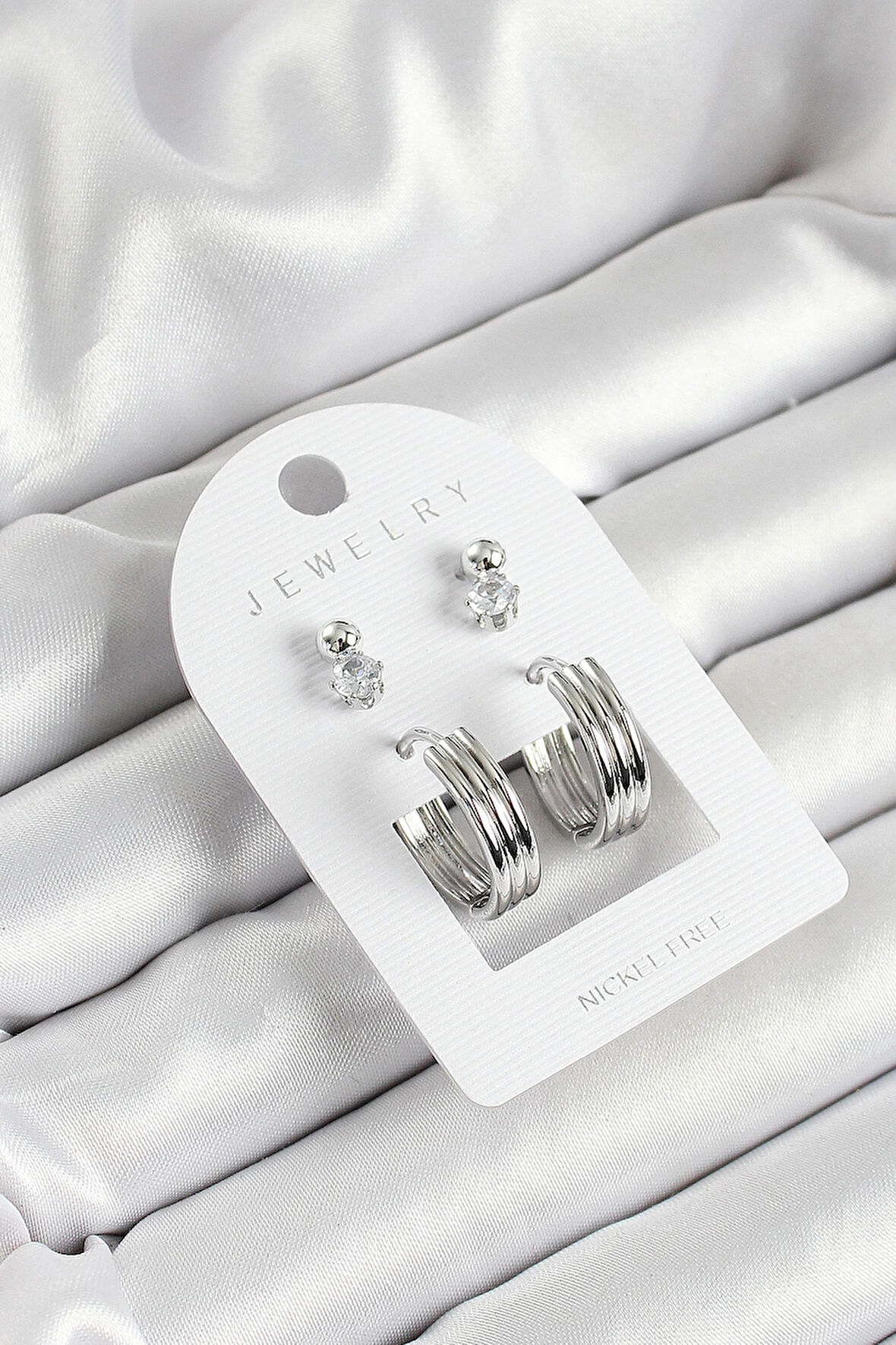 HEYF Pirinç Zirkon Taş Ve Halka Figürlü Gümüş Renk 3'lü Çift Kadın Küpe Set