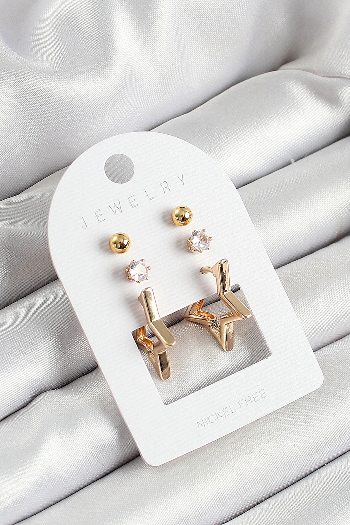 HEYF Pirinç Zirkon Taş Ve Yıldız Figürlü Gold Renk 3'lü Çift Kadın Küpe Set