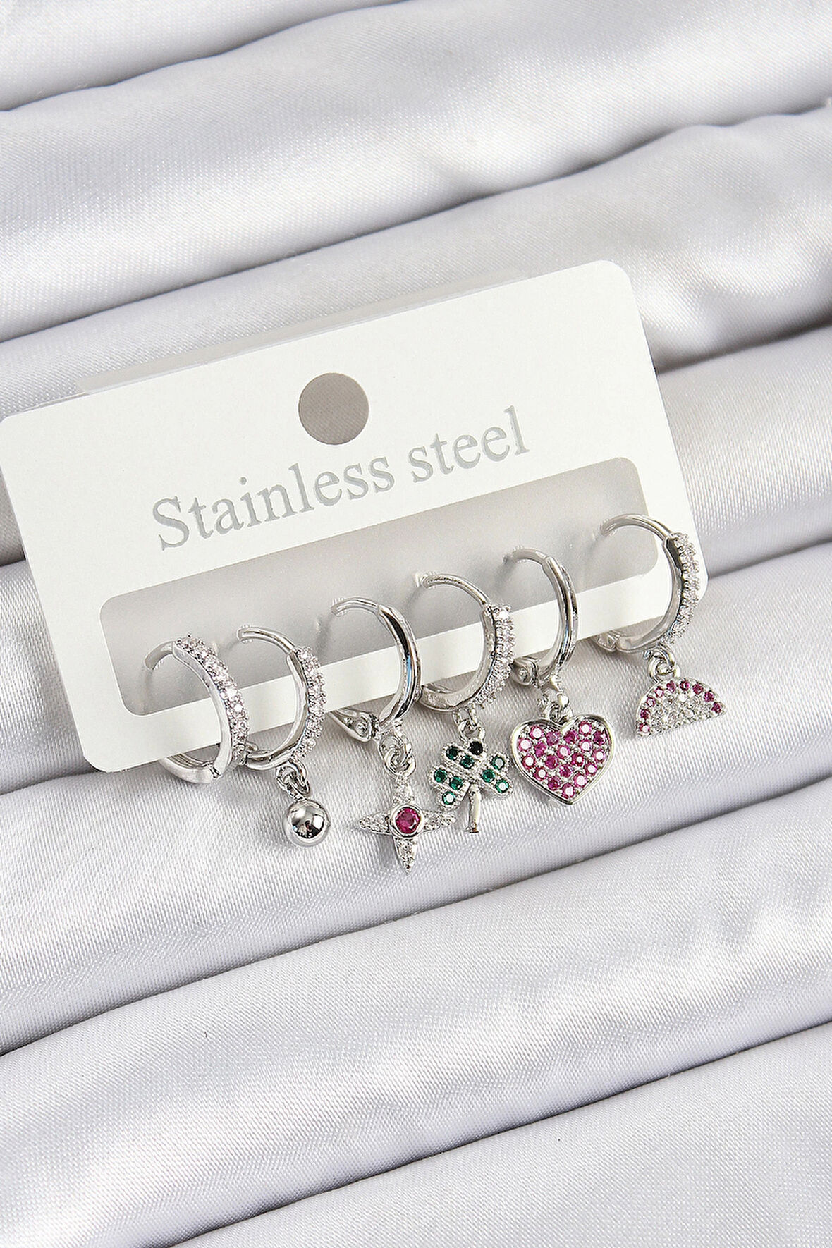 HEYF Pirinç Zirkon Taşlı Karpuz Yonca Kalp Pusula Karışık Model Gümüş Renk 6'lı Set Kadın Küpe