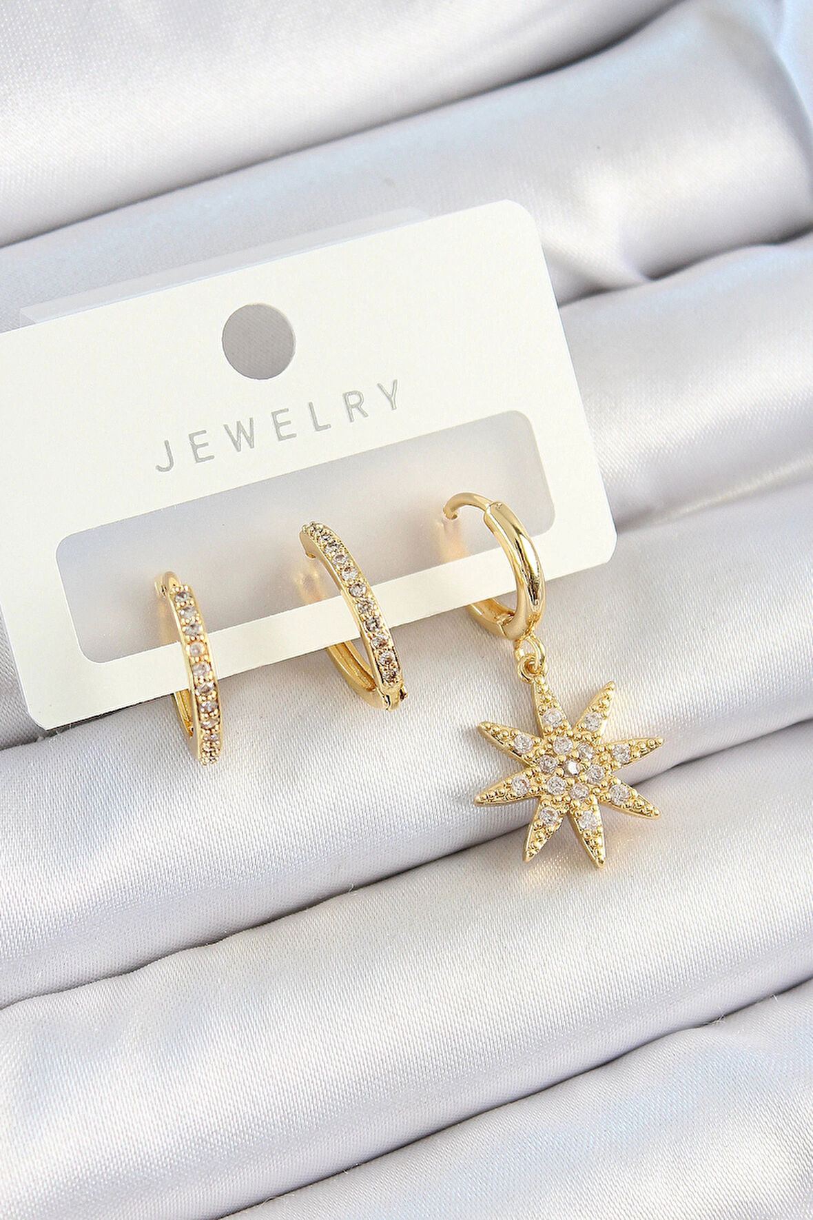 HEYF Pirinç Zirkon Taşlı Kutup Yıldızı Model Gold Renk 3'lü Çift Kadın Küpe Set