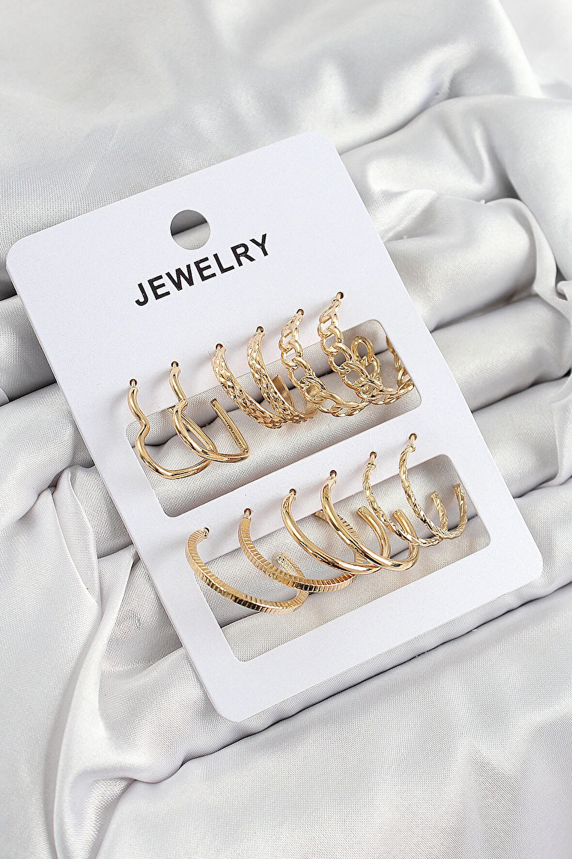 HEYF Pirinç Karışık Halka Model Gold Renk 6 Çift Kadın Küpe Set