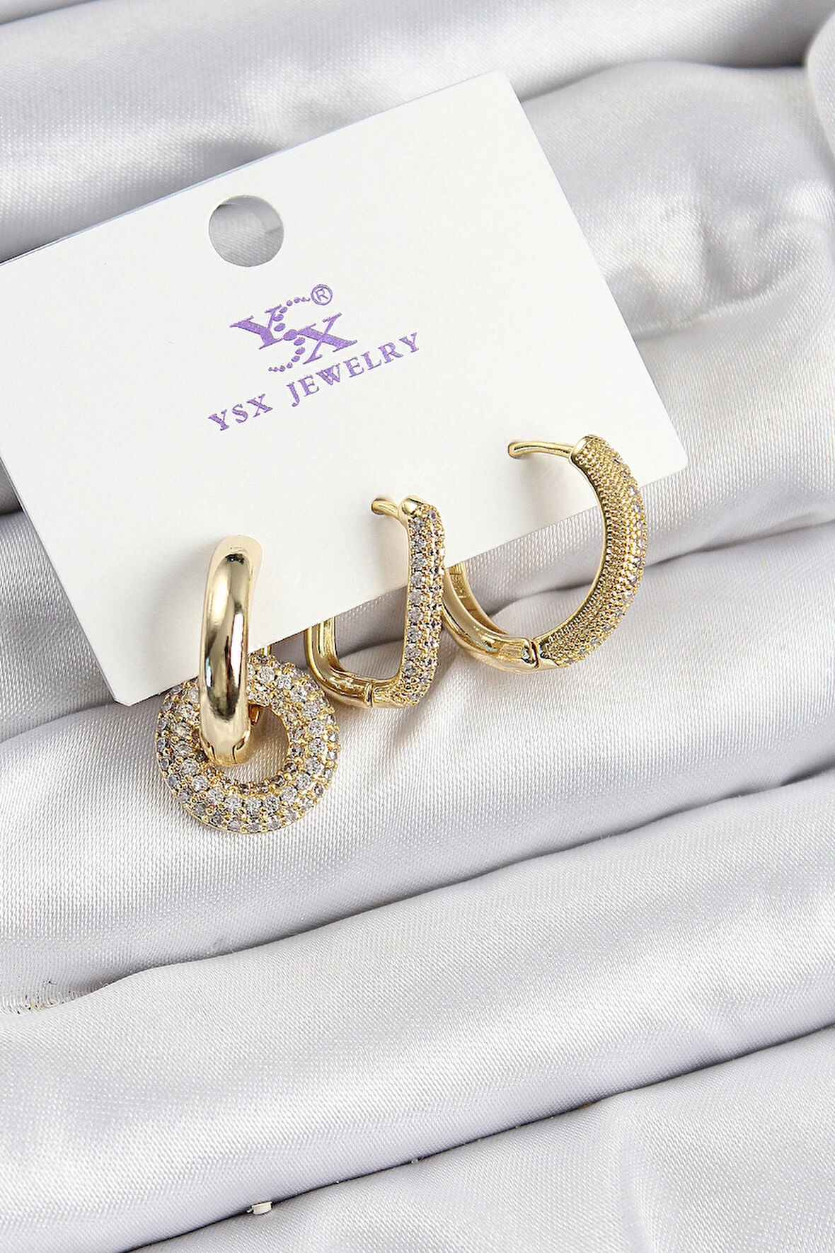 HEYF Pirinç Zİrkon Taşlı Halka Model Gold Renk 3'lü Kadın Küpe