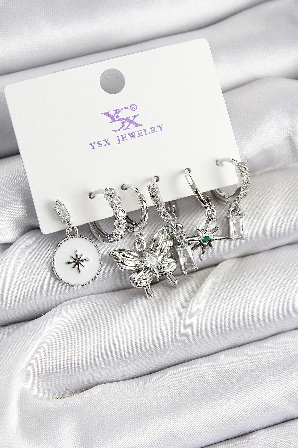 HEYF Pirinç Zİrkon Taşlı Kelebek ve Yıldız Model Gümüş Renk 3'lü Çift Kadın Küpe