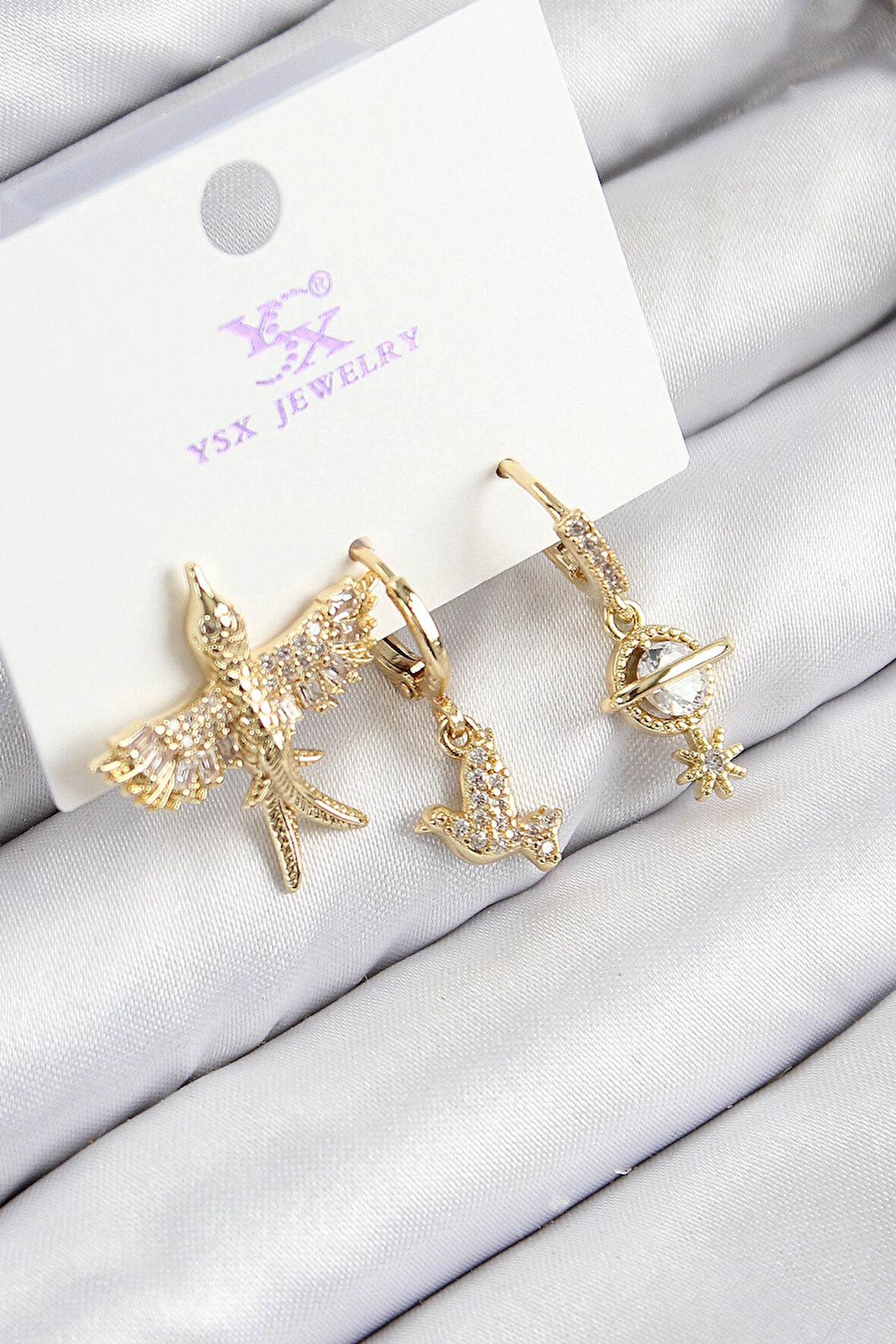 HEYF Pirinç Zirkon Taşlı 3'lü Kuş Model Gold Renk Kadın Küpe