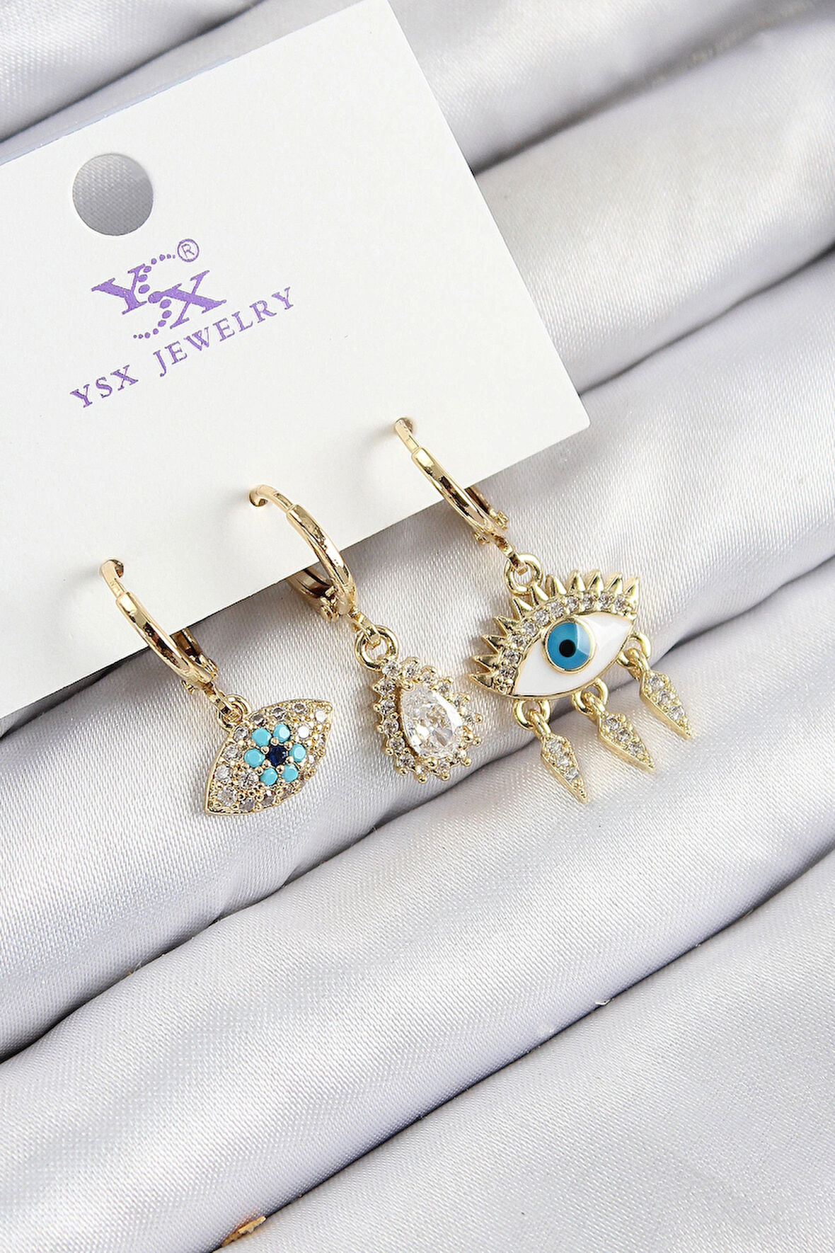 HEYF Pirinç Zirkon Taşlı 3'lü Fatma'nın Gözü Model Gold Renk Kadın Küpe