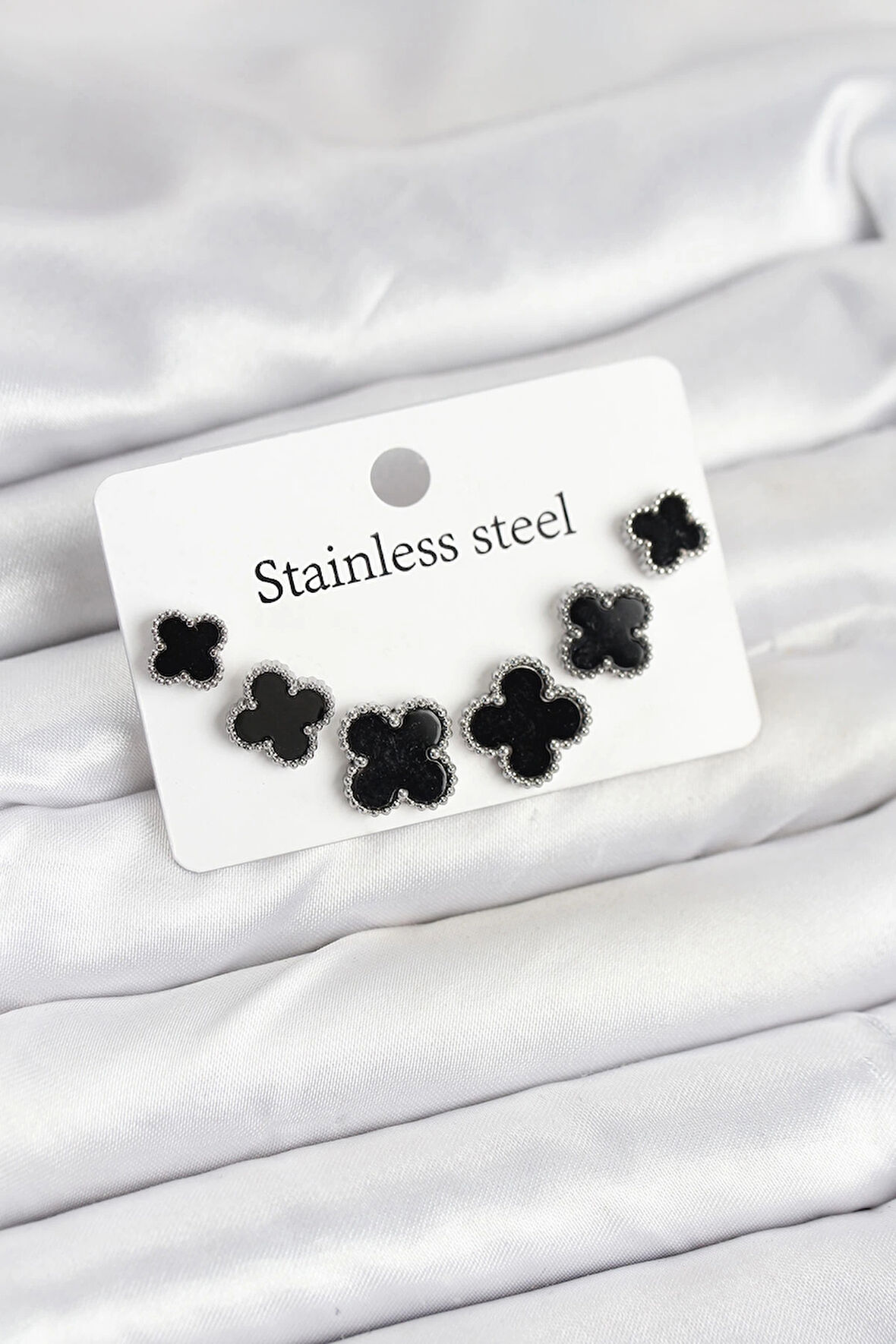 HEYF 316L Çelik Gümüş Siyah Renk 3 Boy Yonca Küpe Seti