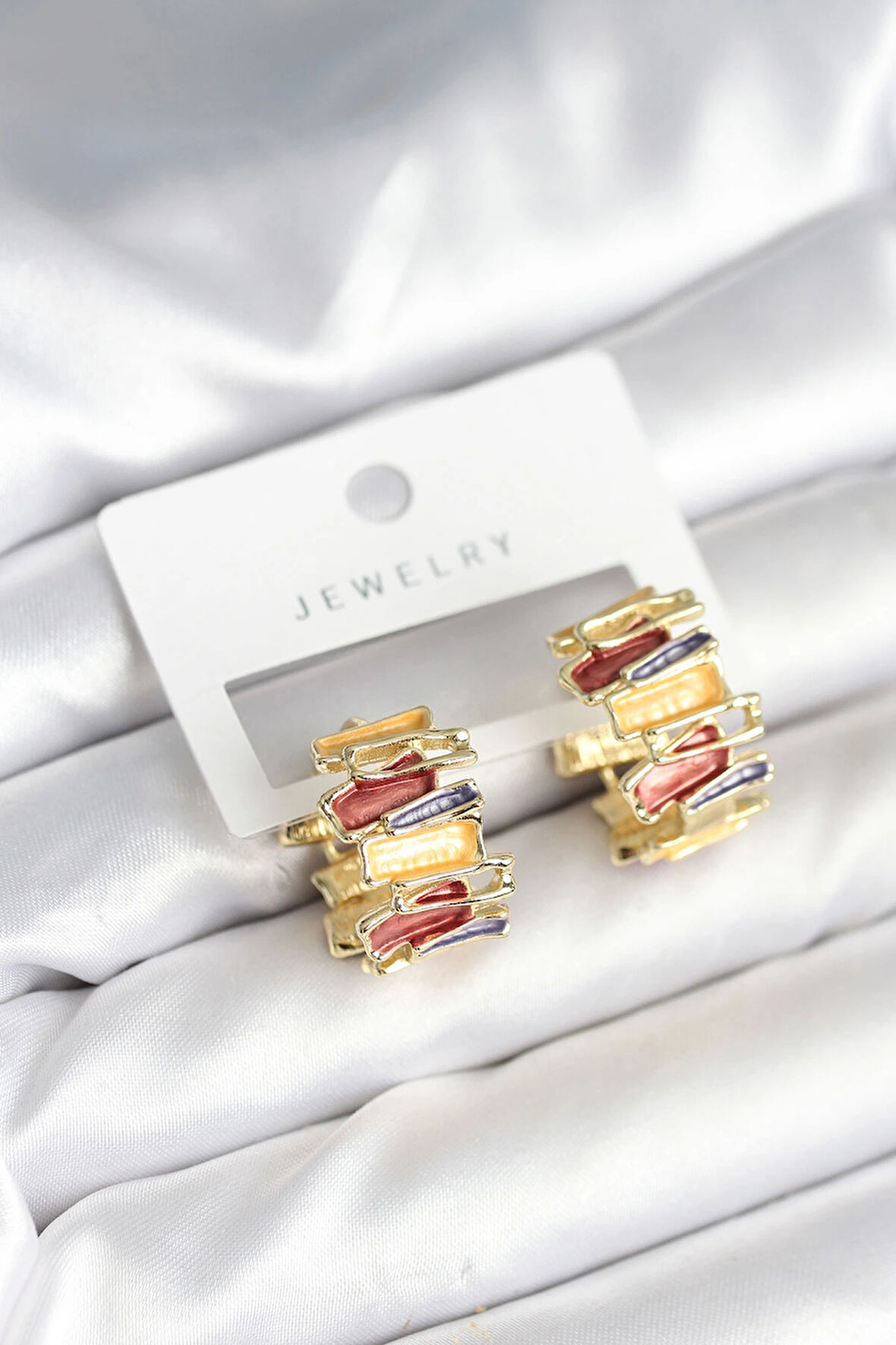 HEYF Mineli Karışık Renkli Gold Pirinç Kadın Küpe