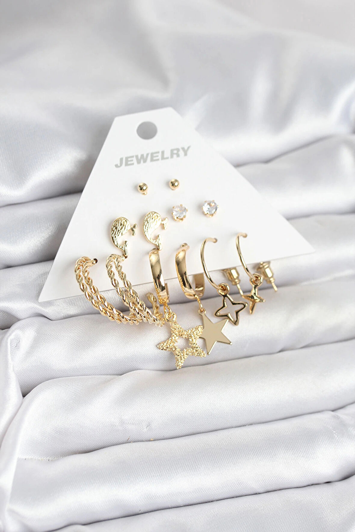 HEYF Gold Renk Yıldızlı Set 6 Çift Kadın Küpe Seti