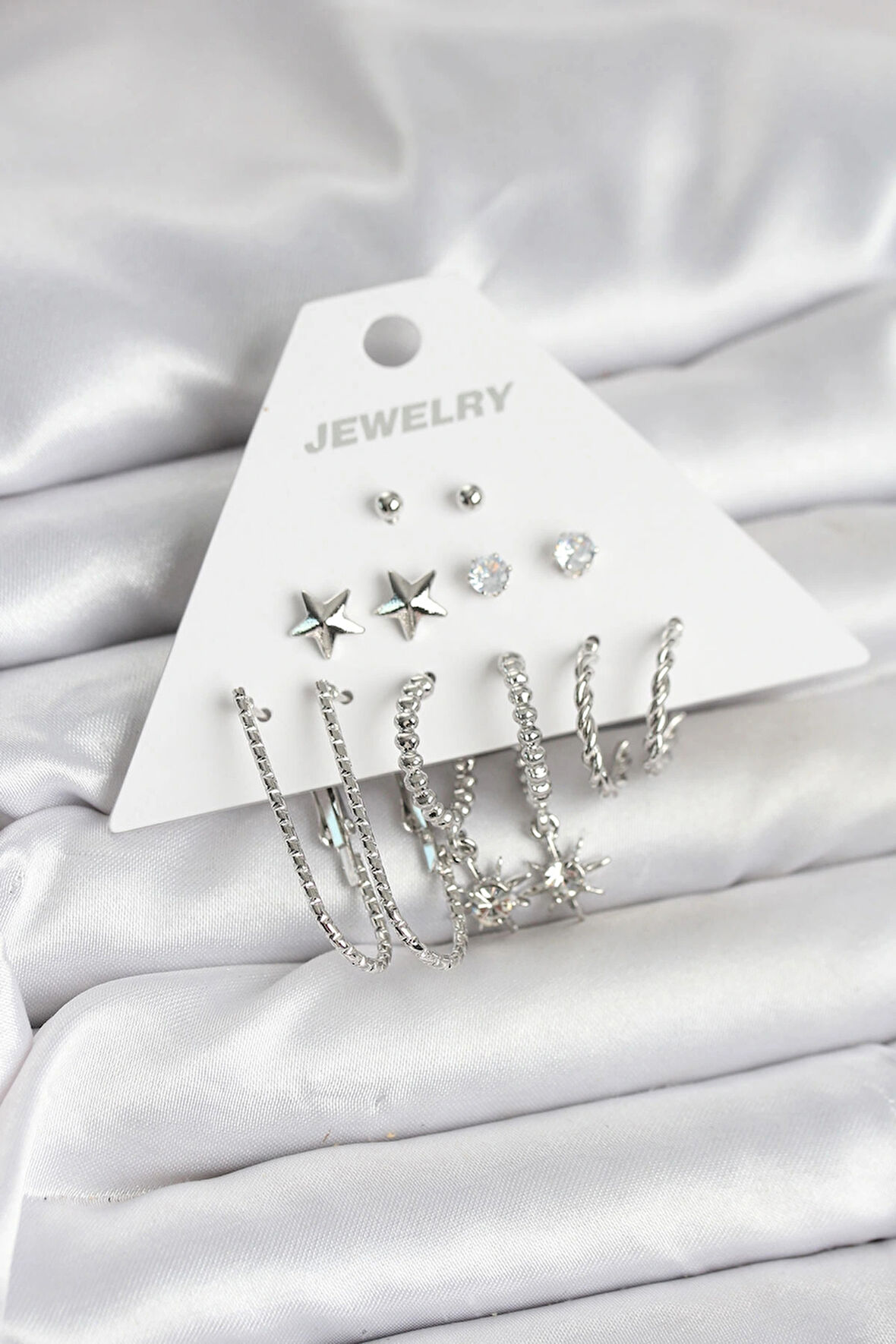 HEYF Pirinç Gümüş Renk Küpe Seti 6'lı